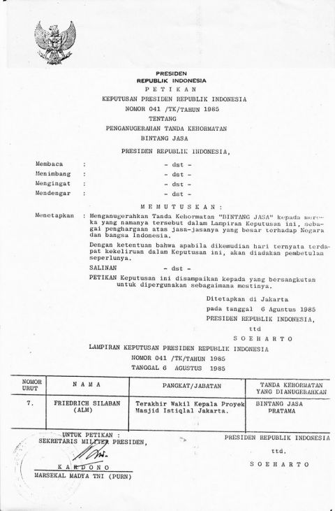 Petikan Keputusan Presiden Republik Indonesia No 41/TK/Tahun 1985 tentang Penganugerahan Tanda Kehormatan Bintang Jasa Presiden Republik Indonesia; tanggal 6 Agustus 1985; ditandatangani oleh Soeharto dan Kardono