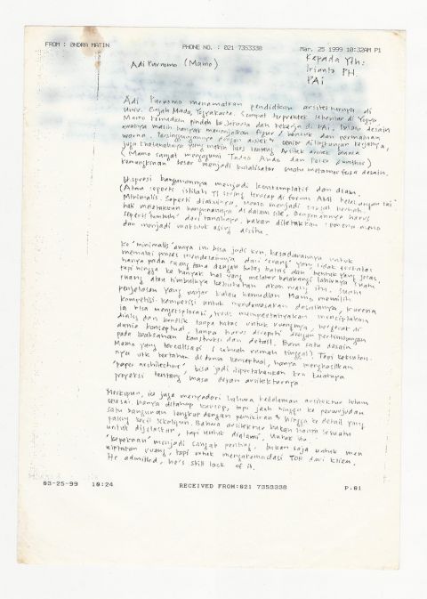Fax biodata Adi Purnomo, tulisan Avianti Armand, ditujukan ke Irianto P.H. (PAI)