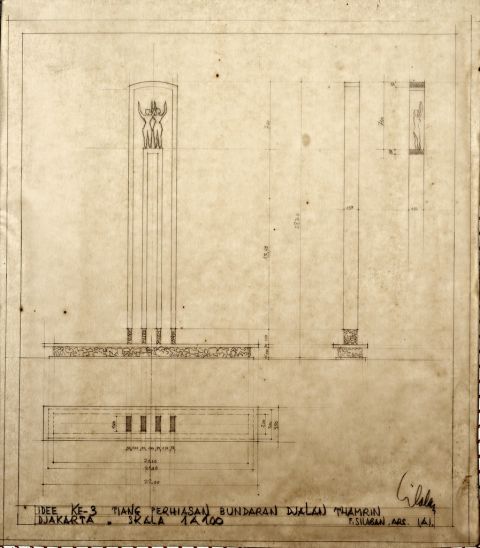 Idee ke-3 Tiang Perhiasan Bundaran Djalan Thamrin, Djakarta, skala 1:100