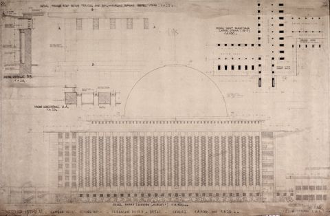 #22 Mesdjid Istiqlal. Gambar gevel gedung induk sebagian denah, detail. Skala2 1A100 dan 1A20