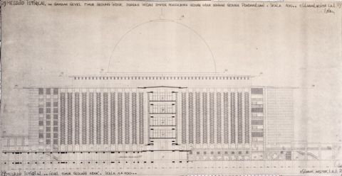 #29 Mesdjid Istiqlal. Gambar gevel Timur gedung induk dengan irisan emper penghubung gedung induk dengan gedung pendahuluan, skala 1A100