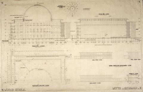 Masjid Istiqlal Motto Ketuhanan - Gambar Irisan AA, Gambar Irisan BB, Irisan CC, Gambar Rencana Balkon, Gambar Gevel Utara, Gevel Timur, Gevel Barat, dan Detail Prinsip (gambar nomor 7)