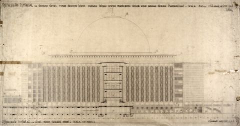 #29 Mesdjid Istiqlal. Gambar gevel Timur gedung induk dengan irisan emper penghubung gedung induk dengan gedung pendahuluan, skala 1A100