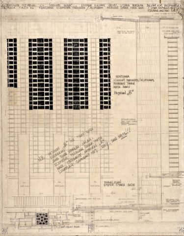 #10 Mesdjid Istiqlal. Gedung Induk, Emper Kolom2 Gevel Utara Bersama Balkon Atas. Skala 1A20. Rentjana Elemen2 Terrazzo/ Aluminium Penahan Sinar Mata Hari. (LIhat Gambar No 4)