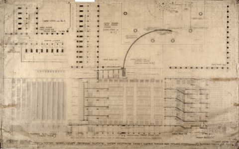 #08 Mesdjid Istiqlal. Gambar gedung induk. Sistem denah - kolom2, pembagian dilatie, sistem arsitektur emper2, elemen2 penahan sinar matahai emper2 (Patron A). Bangunan tangga, dsb, 1A100