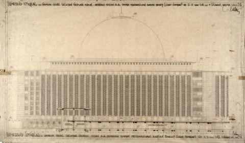 #31 Mesdjid Istiqlal. Gambar Gevel Selatan Gedung Induk dengan Irisan A.A. Emper Pendahuluan Bagian Barat (lihat gambar2 no 23 dan 24)