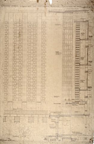#12 Mesdjid Istiqlal. Gambar detail gevel Timur dan Barat gedung induk. Irisan Vertikaal dan tampak [skala] 1A20